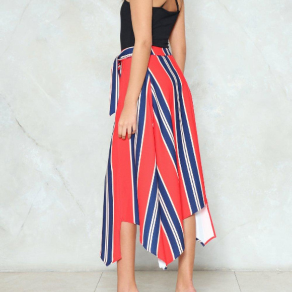 NASTY GAL Hanky Hem Striped Midi Skirt S Red Blue - Picture 3 of 10